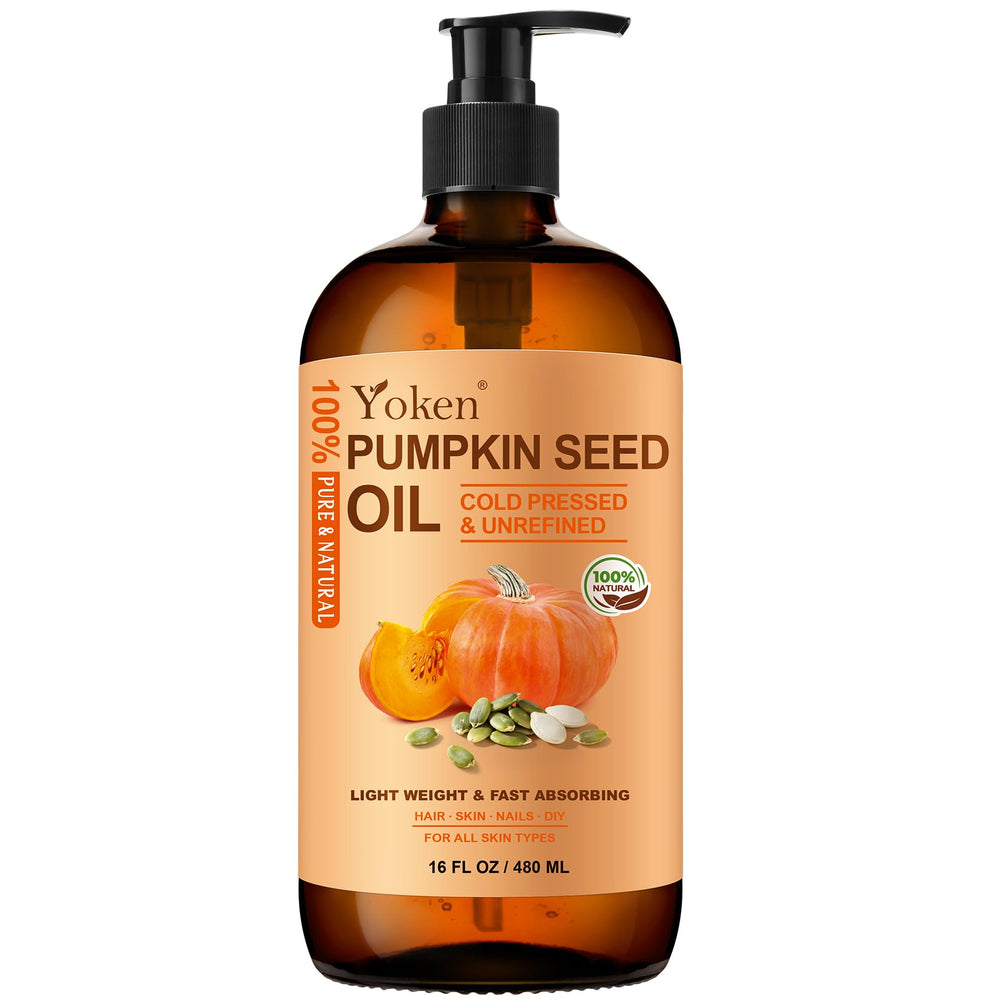 Yoken pumpkin seed oil bottle with pump for easy daily hair and skin care.