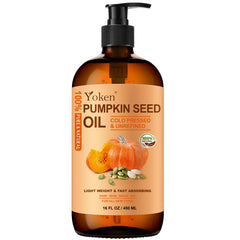 Yoken pumpkin seed oil bottle with pump for easy daily hair and skin care.