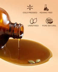 Close-up of Yoken pumpkin seed oil pouring for quick hair nourishment.