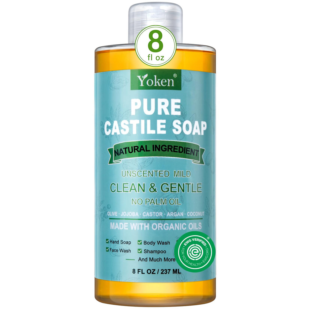 Yoken Pure Castile Soap bottle shows versatile, gentle cleansing for skin, dishes, and travel.