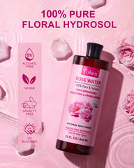 Closeup of Yoken Rose Water Toner amber bottle highlighting purity.