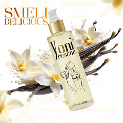 Yoni Rescue body oil pour closeup highlighting quick-absorb texture.
