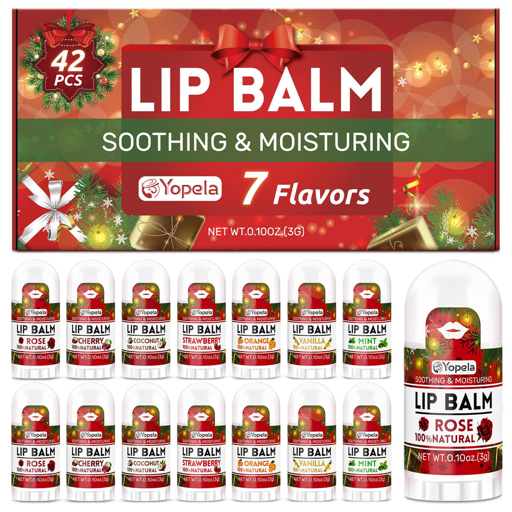 Yopela 42-pack Christmas lip balm box with six flavors for gifting and daily use