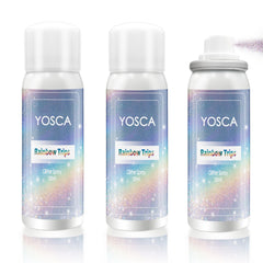 Yosca glitter spray three-pack travel bottles for skin, hair and outfits.
