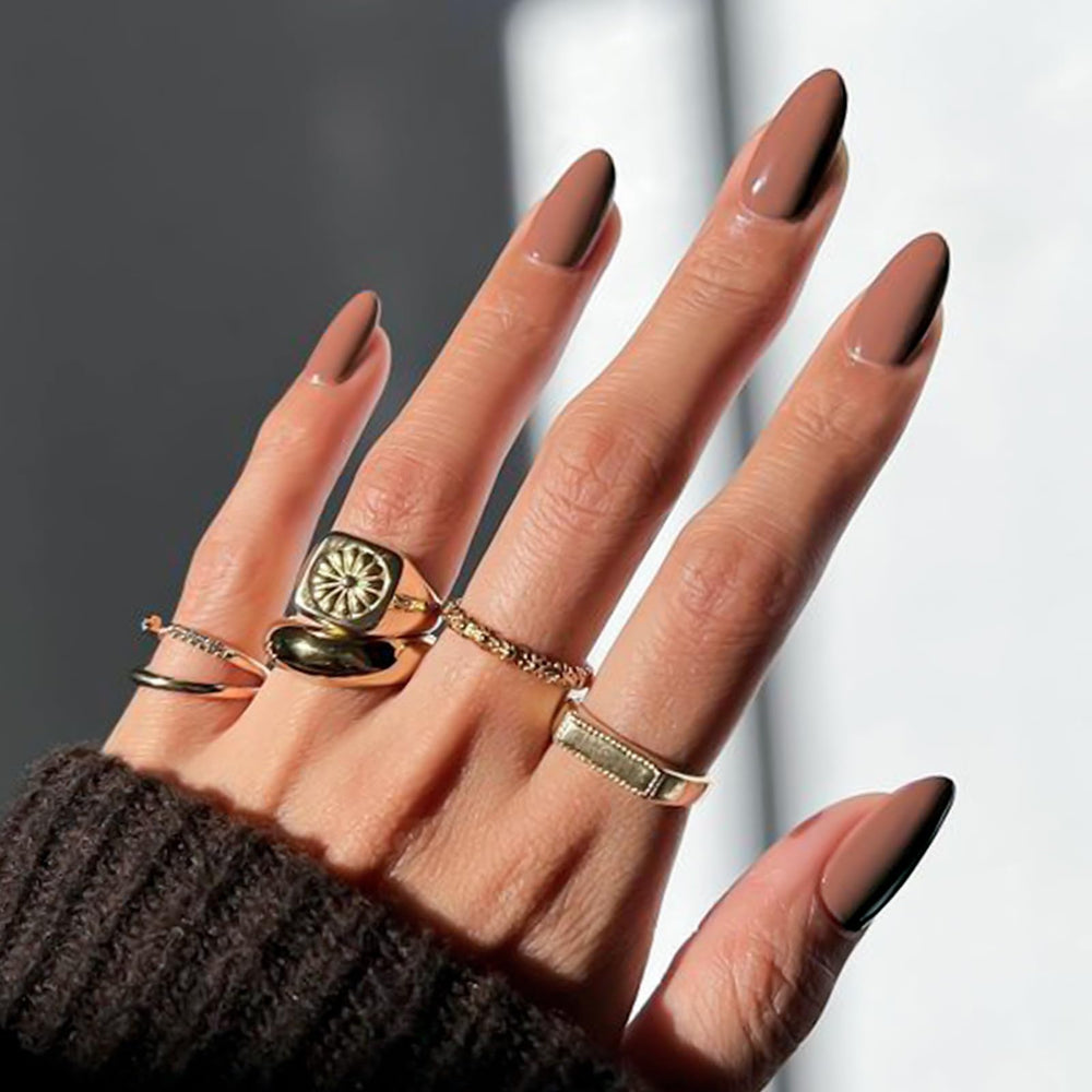 YOSOMK coffee brown press-on nails in almond medium shape for a quick at-home manicure