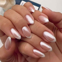 YOSOMMK almond medium nails featuring mirror design and high-gloss shine for events.