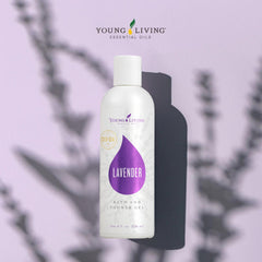 Young Living Lavender Bath & Shower Gel bottle-label close-up highlighting natural ingredients.