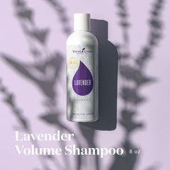 Young Living Lavender Volume Shampoo label detail highlighting lavender benefits for scalp and hair