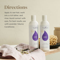 Young Living Lavender Volume Shampoo lather emphasizing fuller-looking hair after cleansing
