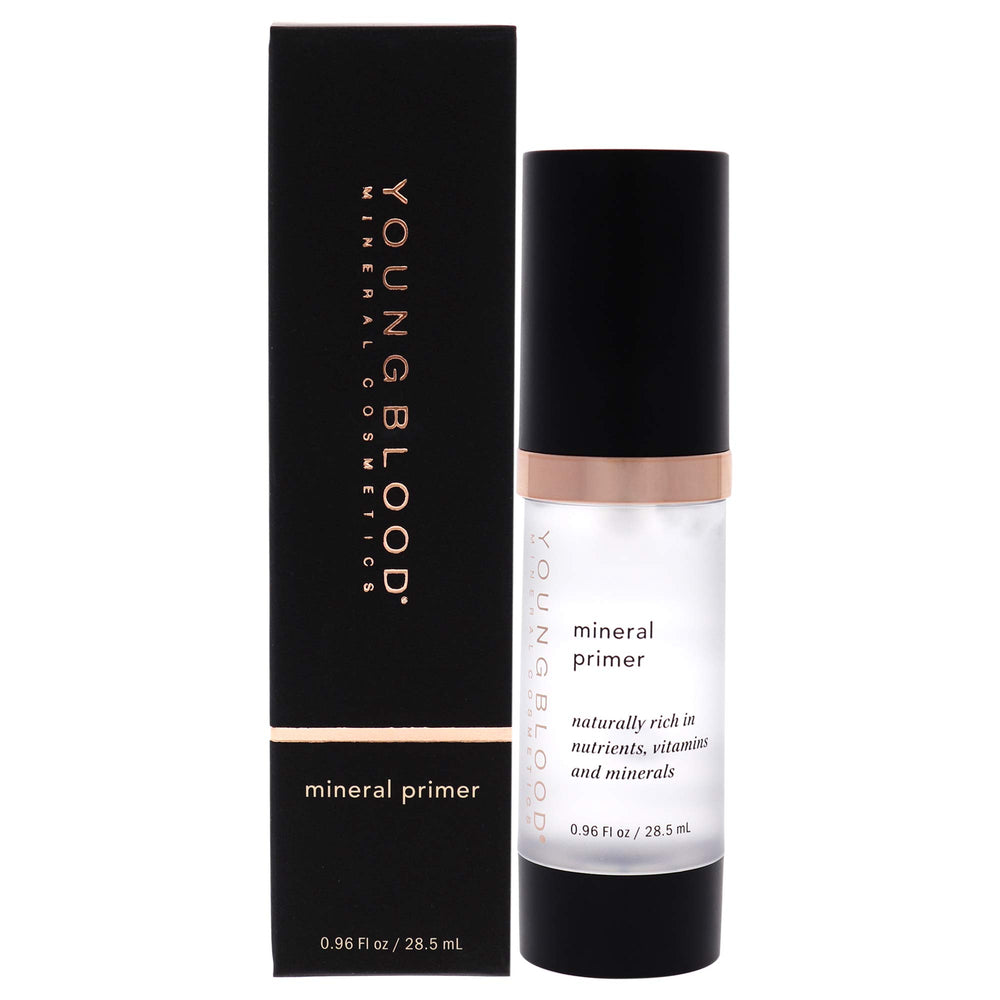 Youngblood Mineral Primer in a clear bottle creates a smooth base for lasting makeup.