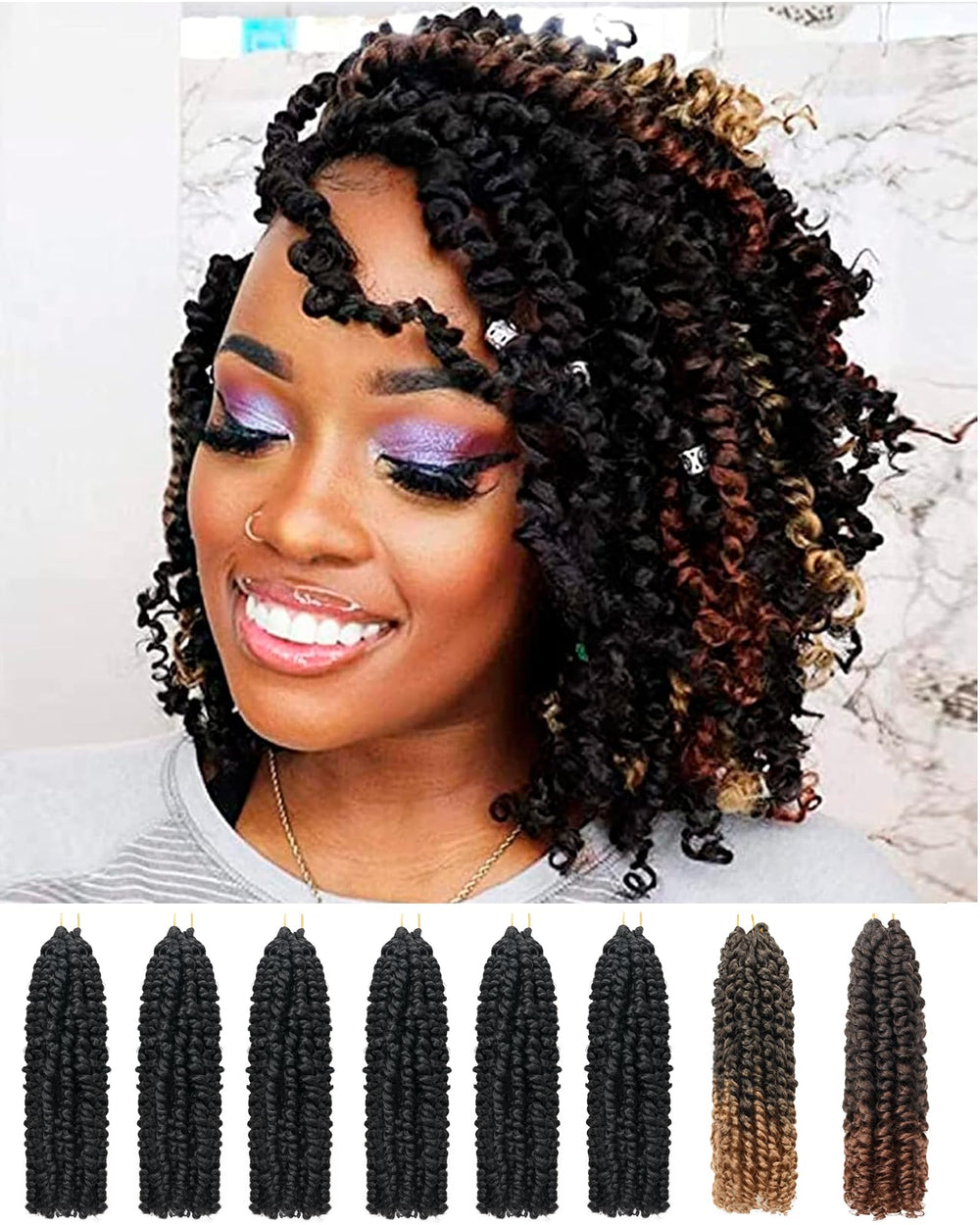 YoungLuchi Passion Twist crochet hair in mixed colors for a lightweight, natural look.