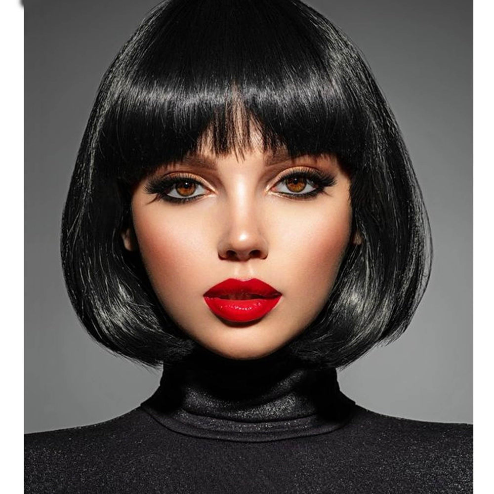 YOUNIGA Black Bob Wig 12in front view showing natural movement for daily wear