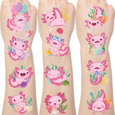 Yoyuspy axolotl tattoo sheets with vibrant pink designs for party decor.