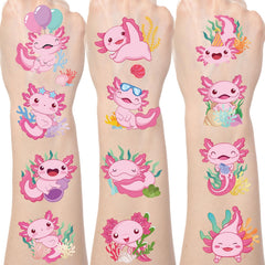 Yoyuspy axolotl tattoo sheets with vibrant pink designs for party decor.