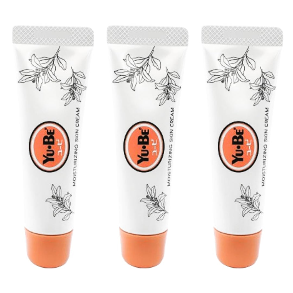 Yu-Be Moisturizing Skin Cream Trio packaging shows compact tubes for on-the-go hydration.