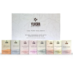 Yuvora The Pure Balance eight-pack with wooden dish, perfect for gifting and home spa routines.