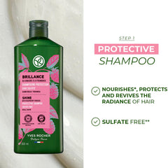 Yves Rocher hair shine close-up showing glossy, vibrant strands