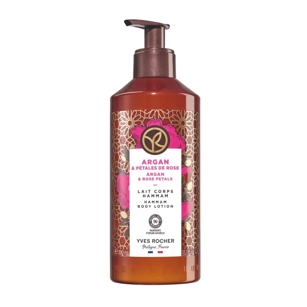 Yves Rocher Hammam Argan and Rose Petals bottle for nourishing body milk and daily hydration.