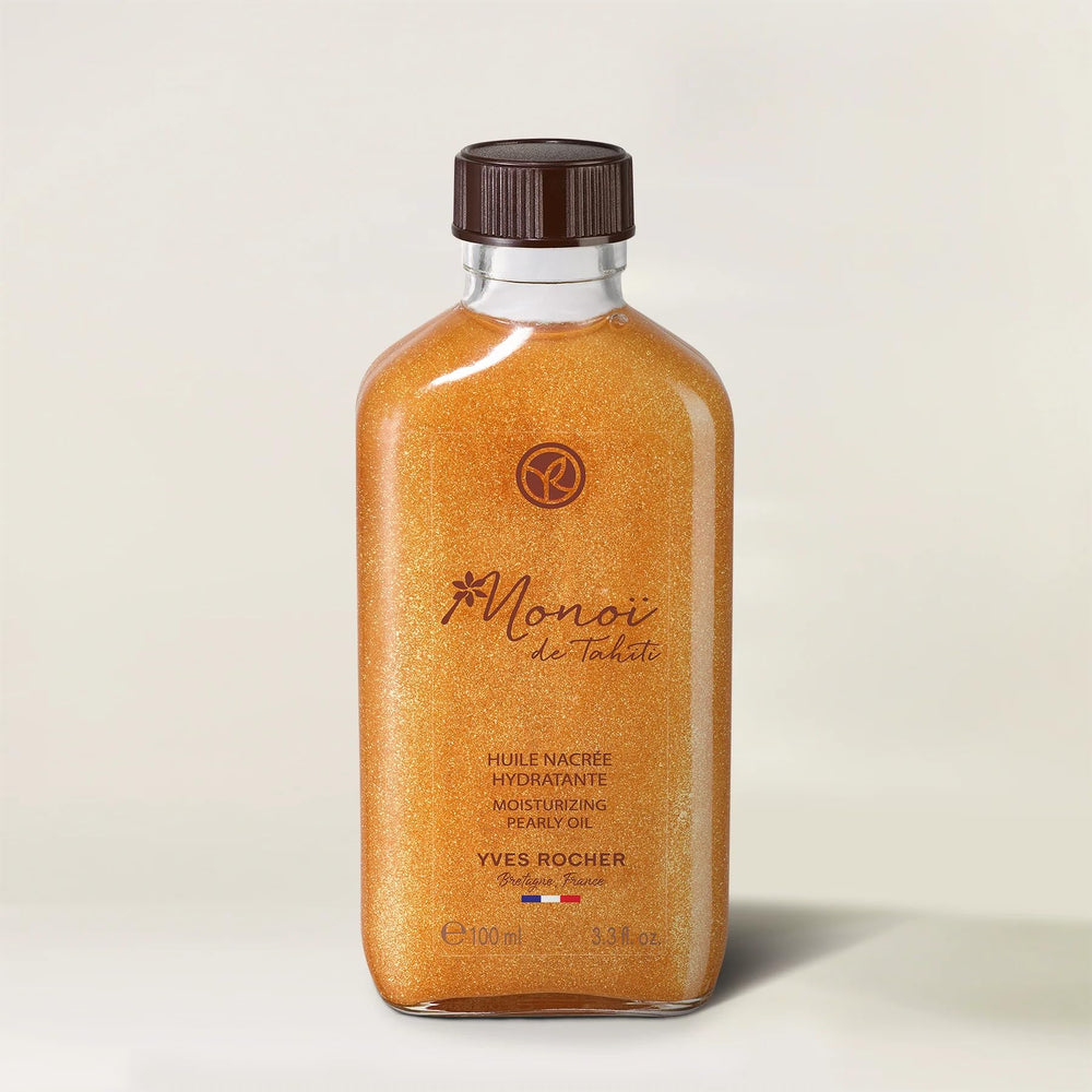 Yves Rocher Monoï Tahiti oil bottle with pearly glow for hydrated skin.