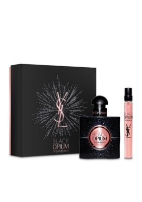 Yves Saint Laurent Black Opium bottle in festive gift box for holiday gifting