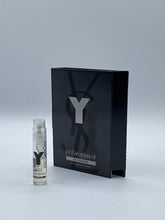 YSL Y For Men sample bottle, front view, half-filled for trial fragrance.