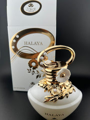 Zakat Parfums HALAYA bottle front view with gold details for a luxurious look