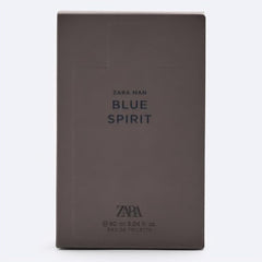 Zara Man Blue Spirit label close-up showing vibrant color and scent cues.
