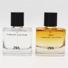 Zara Oud Vibrant Leather bottle side view highlighting rich oud warmth for evenings.