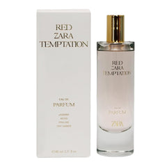 Zara Red Temptation bottle showing saffron top notes for bold elegance.