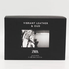 Zara Vibrant Leather Oud set packaging presented as an elegant gift-ready duo.