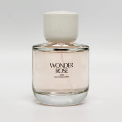 Zara Wonder Rose bottle close-up label, hints at fruity jasmine notes for day-to-night wear.