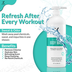 Zealios Swim and Sport Body Wash chlorine-removal lather supports skin hydration after swimming