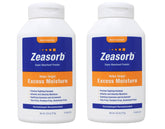 Zeasorb Excess Moisture bottle close-up demonstrates moisture absorption for skin comfort.