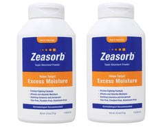 Zeasorb Excess Moisture bottle close-up demonstrates moisture absorption for skin comfort.