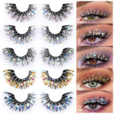 Zegaine glitter colored lashes with wispy cat-eye silhouette for festival makeup.