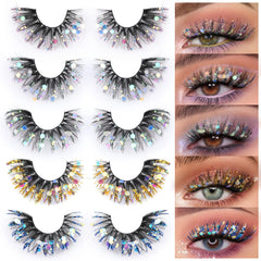 Zegaine glitter colored lashes with wispy cat-eye silhouette for festival makeup.
