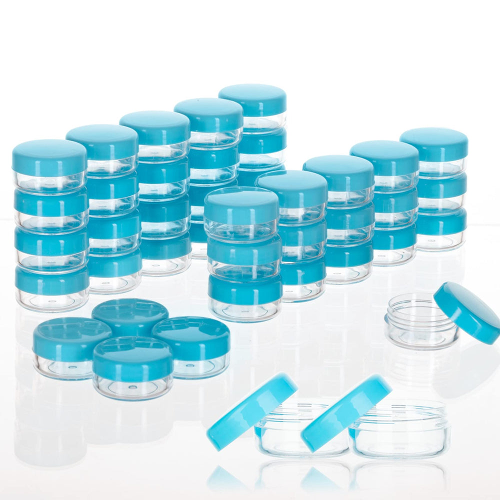 ZEJIA 3g sample jars with blue lids in front view for on-the-go makeup samples.