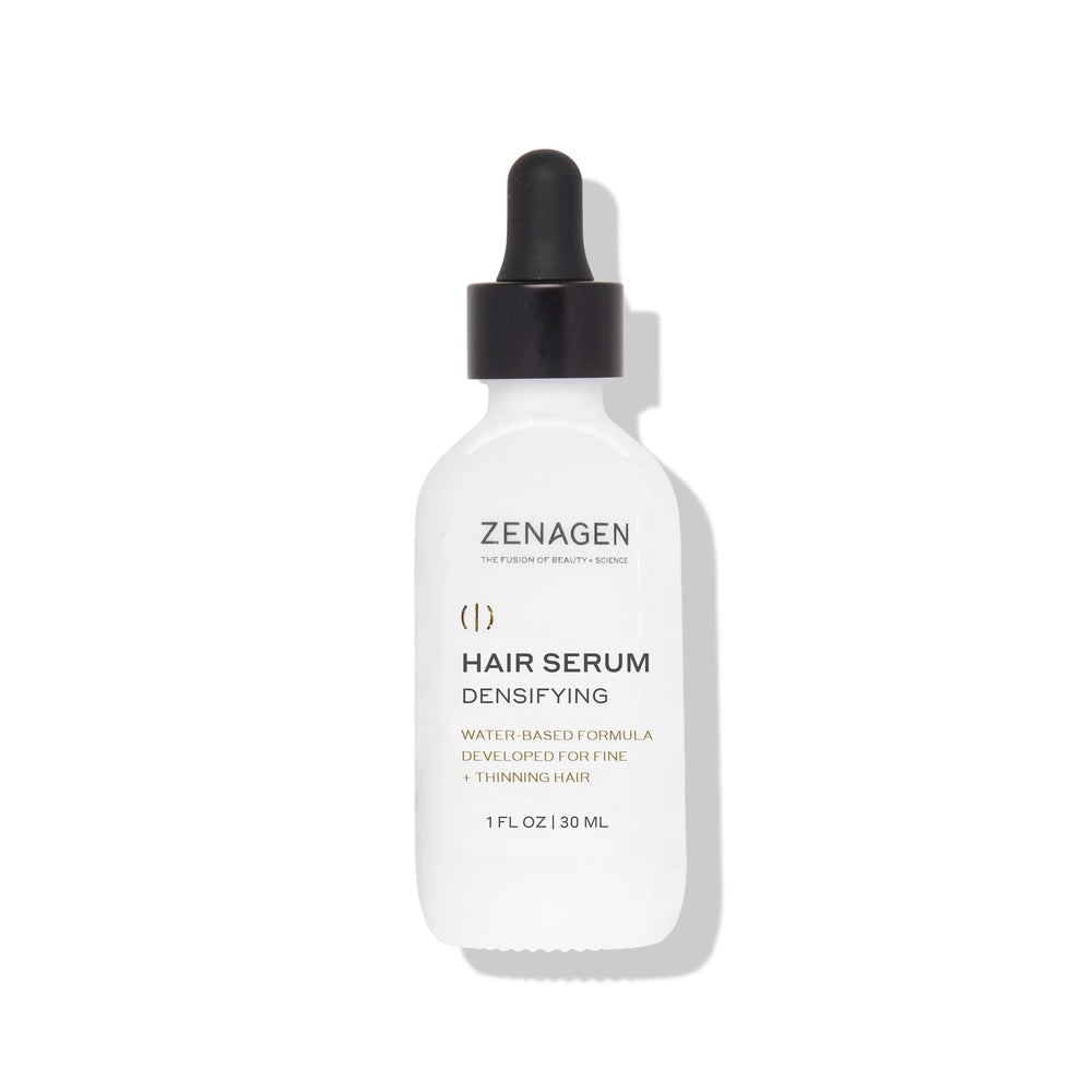 Zenagen Densifying Hair Serum bottle closeup, lightweight non-greasy texture.