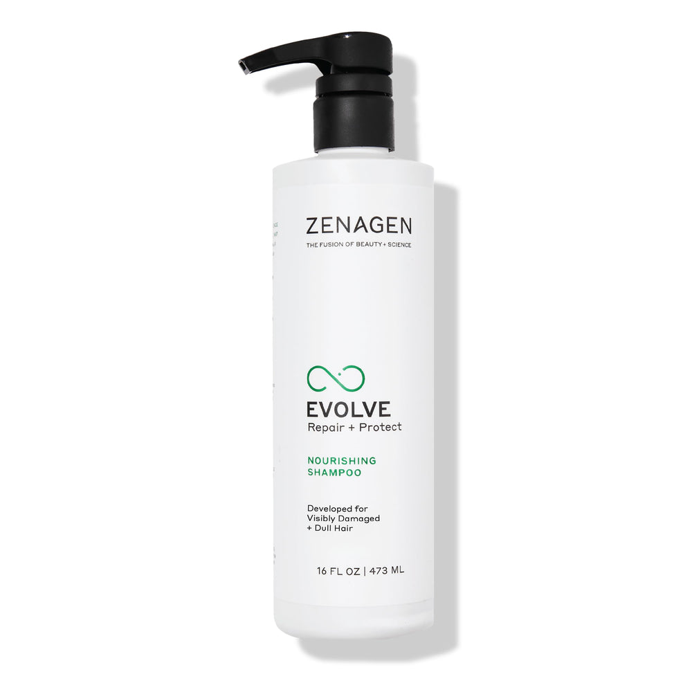 Zenagen Evolve bottle closeup highlighting color-safe, plant-based nourishment for hair