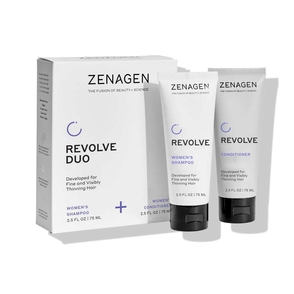 Zenagen Revolve Women shampoo travel-size bottle for on-the-go cleansing and volume.