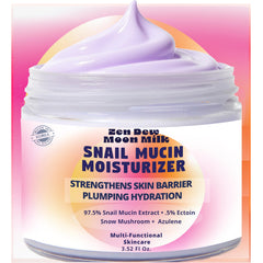 Zen Dew Moon Milk snail mucin moisturizer jar closeup shows silky texture and hydration boost