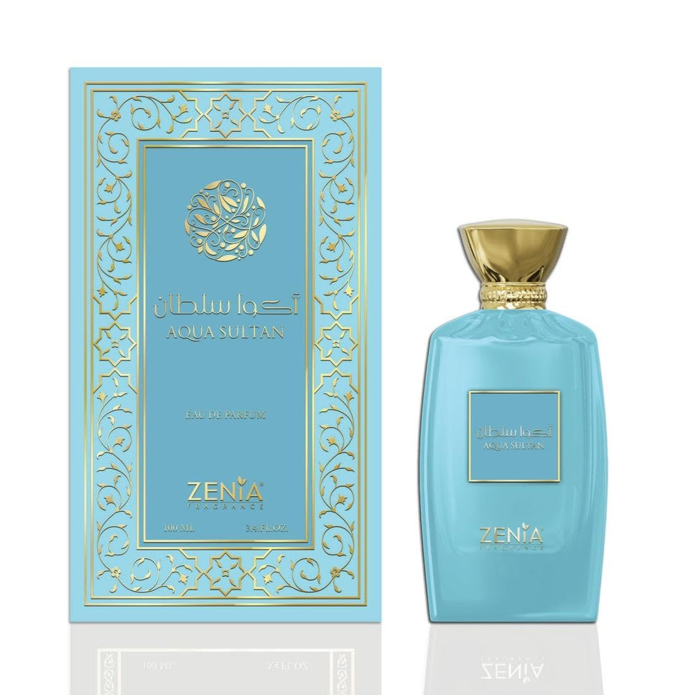 Zenia Aqua Sultan bottle front displaying premium design for a refined signature scent.
