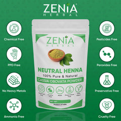 Zenia Neutral Henna applied to hair provides soft, shiny definition.