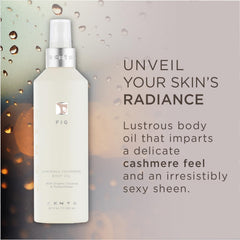 Close-up of ZENTS body oil bottle showing fig scent and lightweight glow on skin.