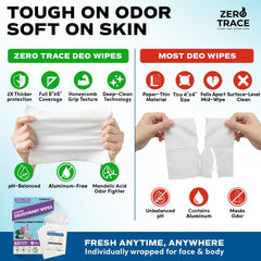 Zero Trace Travel Deodorant Wipes 60-count label close-up highlights travel readiness.
