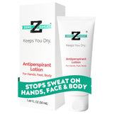 ZeroSweat antiperspirant lotion bottle—long-lasting dryness for hands, feet, and face.