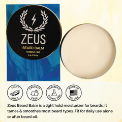 ZEUS Beard Balm ingredients image highlights beeswax, shea butter, and nourishing oils.