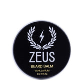 ZEUS Beard Balm Vanilla Rum bottle highlights natural formula for tame, itch-free facial hair.