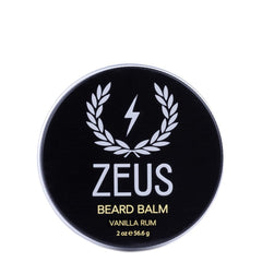 ZEUS Beard Balm Vanilla Rum bottle highlights natural formula for tame, itch-free facial hair.
