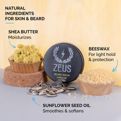 ZEUS Beard Balm Vanilla Rum label closeup emphasizes USA-made quality and natural ingredients.